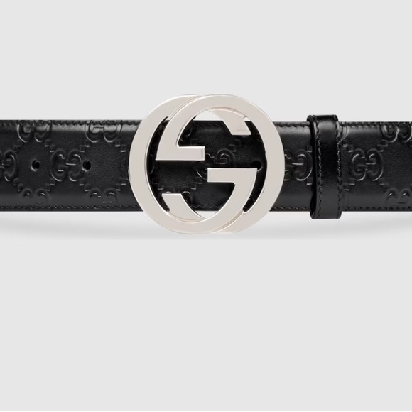 Gucci Black Embossed Leather Belt with Silver Emblem - Picture 1 of 8